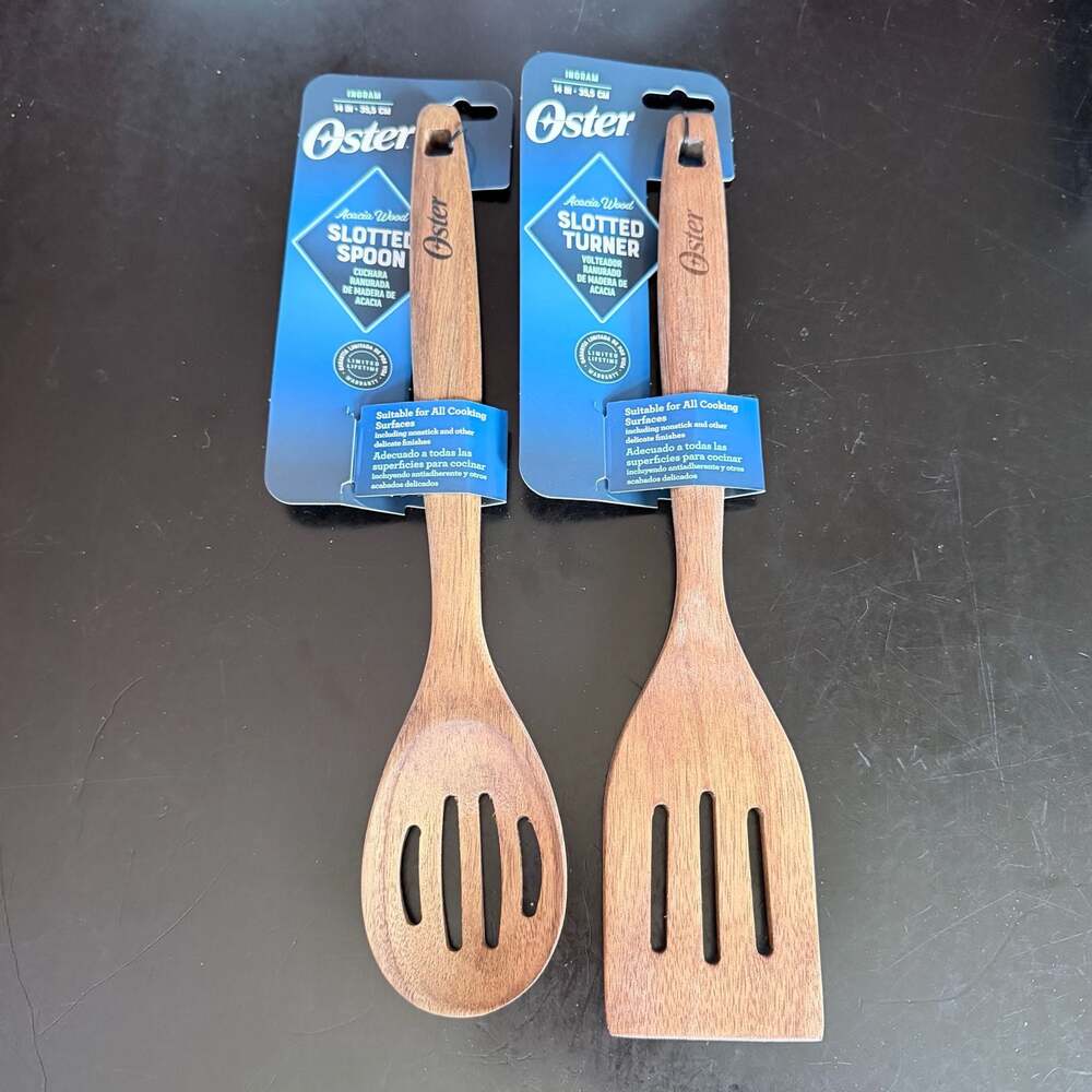 Oster Acacia Wood Slotted Spoon and Slotted Turner Kitchen Utensil Set 2-Piece